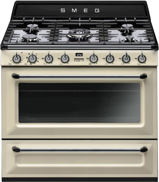 Smeg TRU90P 36 Inch Freestanding Dual Fuel Range with 5 Sealed Burners 4.4 cu. ft. True Convection Oven Halogen Oven Lights Continuous Cast Iron Grates and Storage Drawer Cream