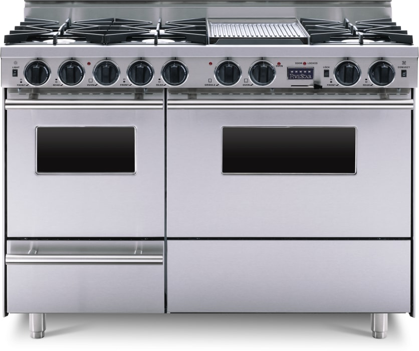 FiveStar TPN5267BW 48 Inch Freestanding Dual Fuel Range with 6 Open Burners True Dual Fuel Ovens 6.15 cu ft Total Oven Capacity Broiler Drawer Individual Continuous Grates Lodge Reversible Griddle Gri...