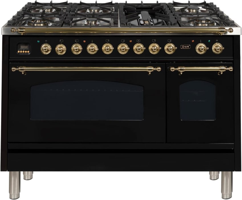 Ilve UPN120FDMPN Nostalgie Series 48 Inch Dual Fuel Convection Freestanding Range 5 cu.ft Total Oven Capacity in Glossy Black Brass Trim Natural Gas 7 Sealed Brass Burners 