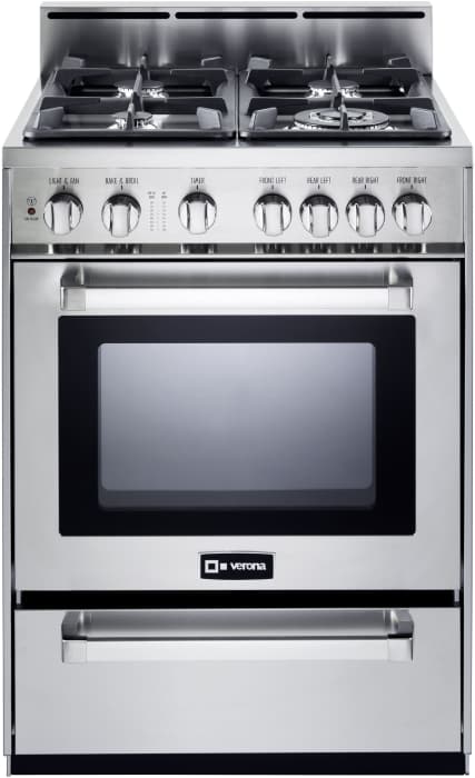 Verona Vefsgg244nss 24 Inch Pro Style Gas Range With 2 5 Cu Ft Convection Oven 4 Sealed Burners Infrared Broiler Ez Clean Porcelain Interior 2 Heavy Duty Racks Bell Timer And Full Width Storage
