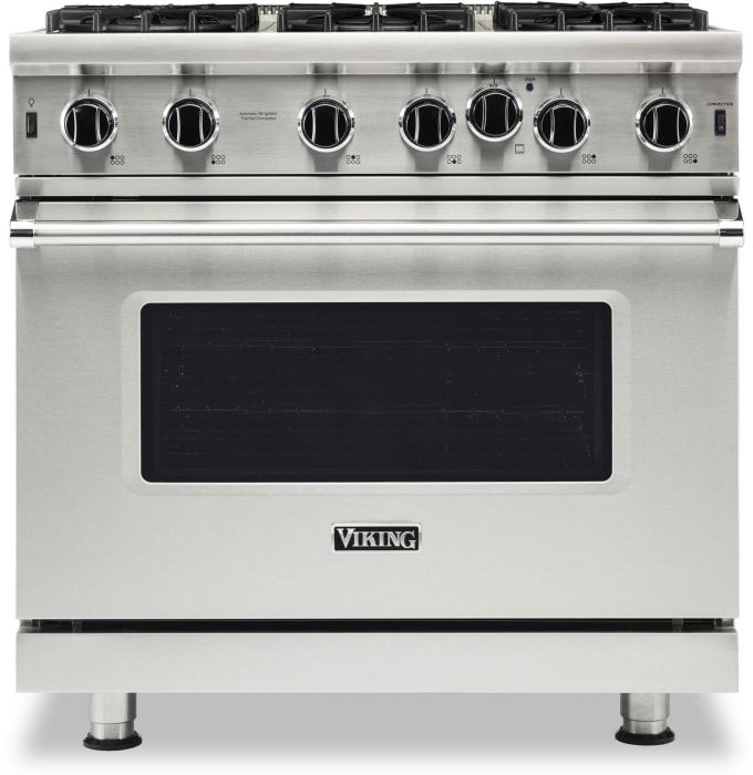 Viking Vgic53626bss 36 Inch Gas Range With 6 Open Burners 15 000 Btus Varisimmer Surespark Ignition Gourmetglo Infrared Broiler Proflow Convection Air Baffle Six Functions Six Rack Positions And Halogen Lights Stainless Steel Natural Gas