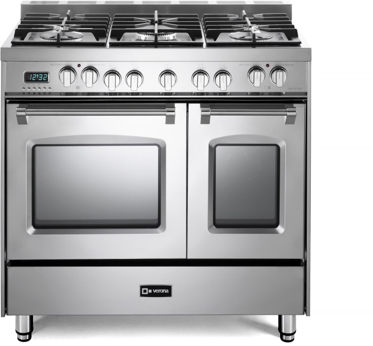 Verona Vpfsge365dss 36 Inch Double Oven Dual Fuel Range With 5 Sealed Gas Burners 2 European Convection Ovens Electronic Ignition Cast Iron Grates Digital Clock And Timer And Storage Compartment Stainless Steel