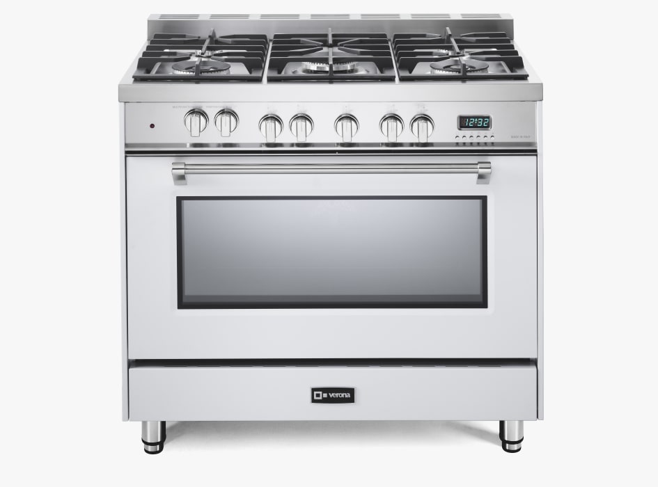 Verona Vpfsge365w 36 Inch Single Oven Dual Fuel Range With 5 Sealed Gas Burners European Convection Oven Electronic Ignition Cast Iron Grates Digital Clock And Timer And Storage Compartment White