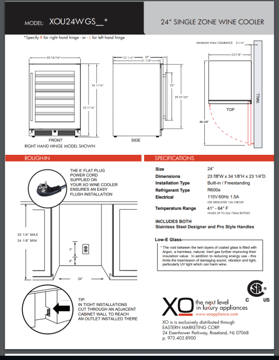 XO XOU24WGSR 24 Inch Wine Cooler with 54 Bottle Capacity, Door Lock