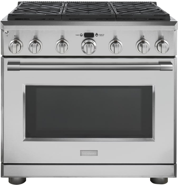 Monogram Zgp366lnss 36 Inch Freestanding Professional Gas Range With 6 Burners Reverse Air Convection Self Clean Oven Continuous Grates Sabbath Mode Meat Probe Proof Mode 6 Halogen Lamps And Led Bullnose Task Lighting