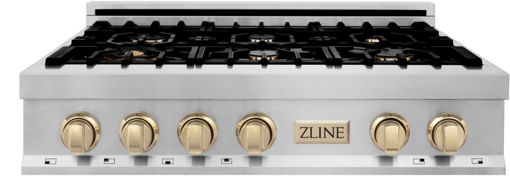ZLINE RTZ36G 36 Inch Gas Rangetop with 6 Sealed Brass Burners 18 000 BTU Dual Wok Burner and Cast Iron Grates Stainless Steel with Gold Accents