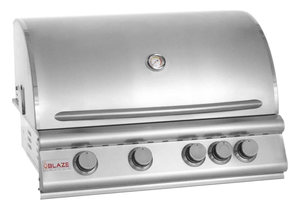 Blaze BLZ4NG 32 Inch Built In Grill with 66000 BTUs Rear Burner 740 sq. in. Cooking Space Stabilizing Grids Double Lined Hood Flame Thrower Ignition Warming Rack and Drip Tray Natural Gas