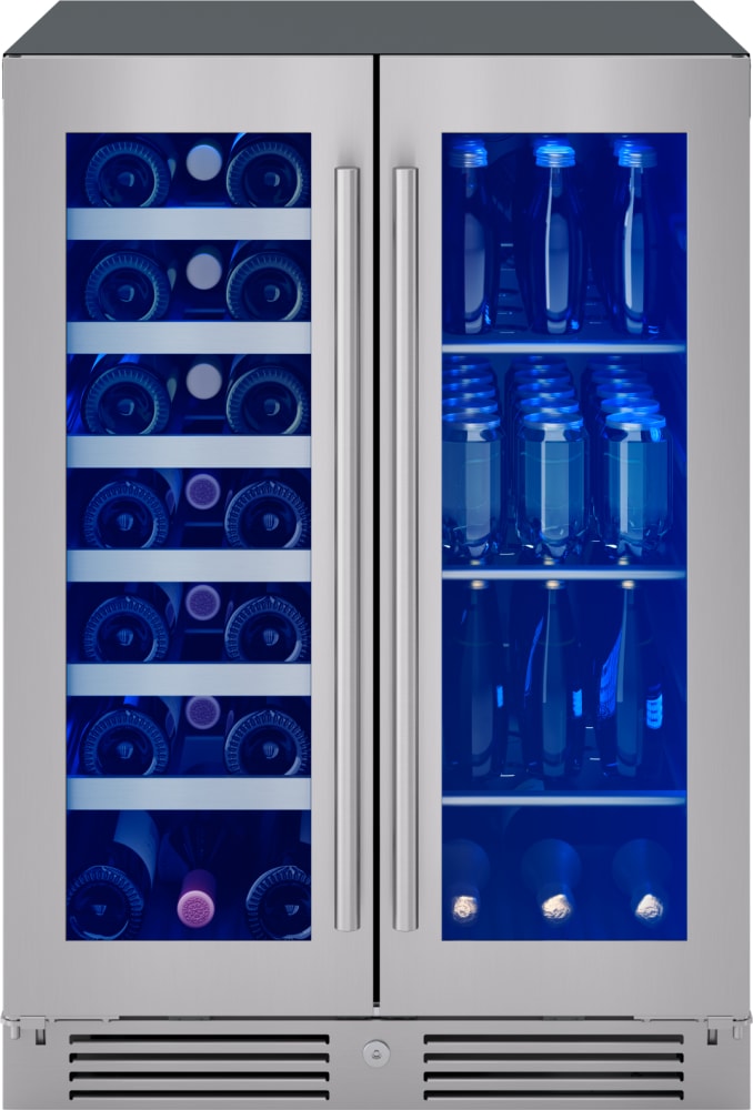 Zephyr PRWB24C32CG 24 Inch Dual Zone French Door Wine & Beverage Cooler  with 5.2 Cu. Ft. Capacity, PreciseTemp™, Active Cooling Technology,  Vibration Dampening, 3-Color LED Lighting, Full Extension Wood Racks,  Sabbath Mode