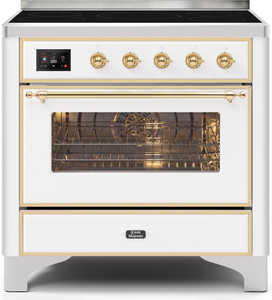 Ilve UMI09NS3WHG 36 Inch Freestanding Electric Induction Range with 5  Elements, 3.5 Cu. Ft. Capacity, Storage Drawer, Self-Clean, True European  Convection, TFT Oven Control Display, and Triple Glass Cool Door: White,  Brass Trim