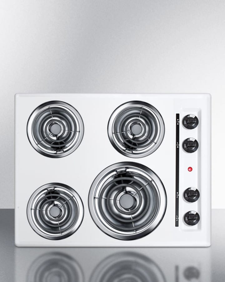 Summit WEL03 24 Inch Electric Cooktop with 4-Coil Elements, Porcelain  Surface, 8-Inch Burner, Three 6-Inch Burners, Push-to-Turn Controls,  Recessed Top, Chrome Drip Pans, 220-240V Operation, and UL Listed: White