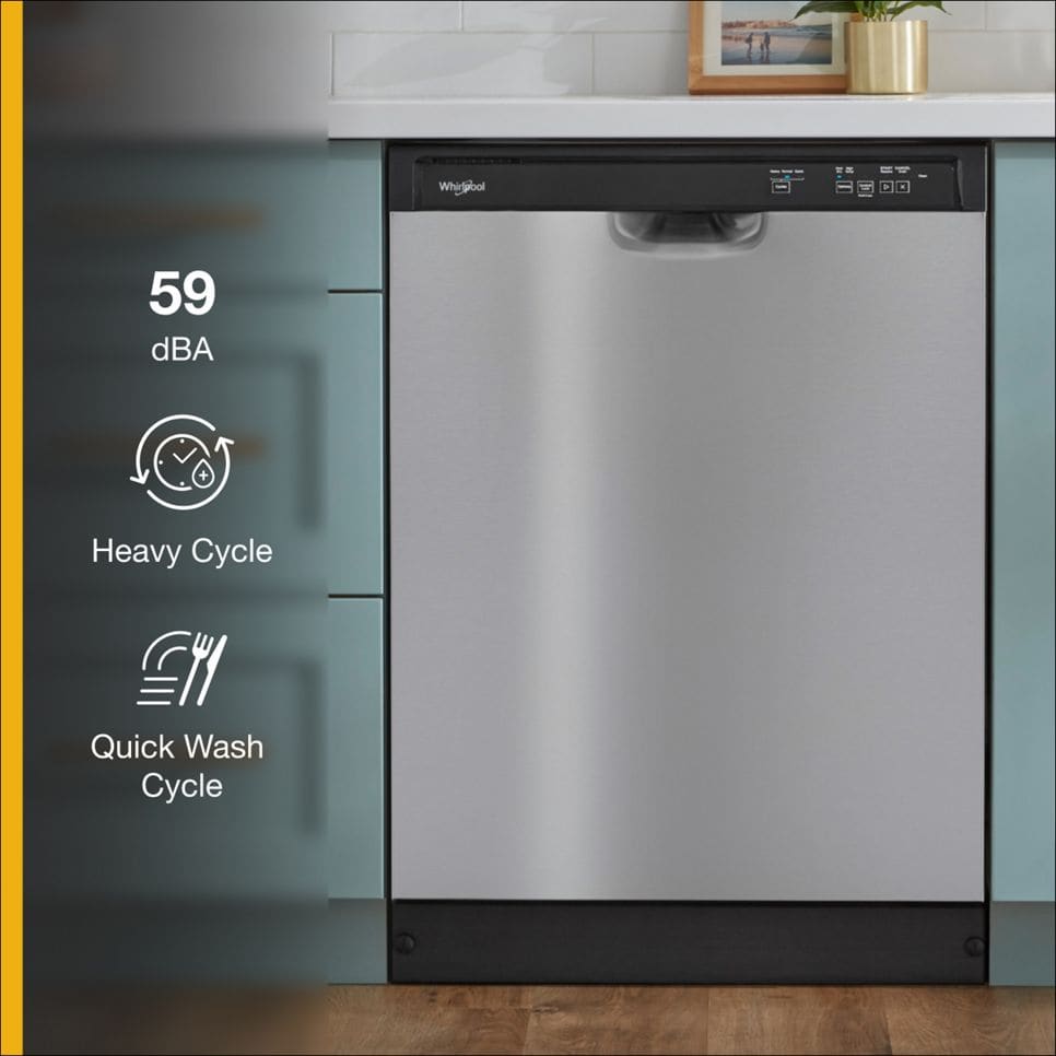 Whirlpool WDF331PAMS 24 Inch Full Console Dishwasher with 12 Place Settings 59 dBA 3 Wash Cycles PVC Coated Racks Plastic Tub Quick Wash Heated