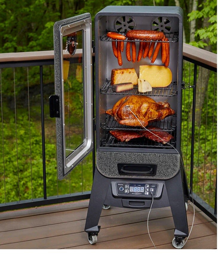Pit Boss 10947 20 Inch 3 Series Digital Vertical Smoker with 756 Square Inches of Cooking Area Digital Control Board Large Front Window Digital Controller Wood Chip Tray and 4 Porcelain Coated Steel C...