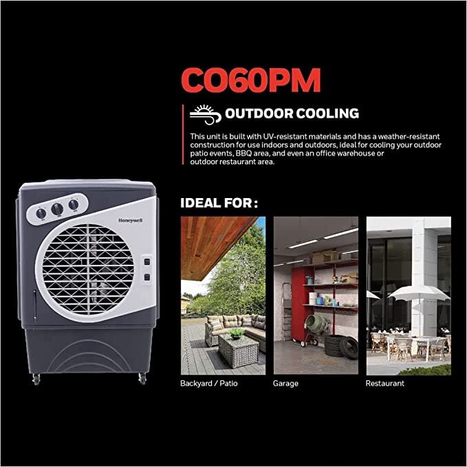 Honeywell CO60PM 40 Inch Indoor Outdoor Portable Evaporative Air Cooler with 3 Fan Speed Washable Dust Filter Wide Fan Blades Low Water Alarm Weather Resistant Mechanical Controls and Caster Wheels