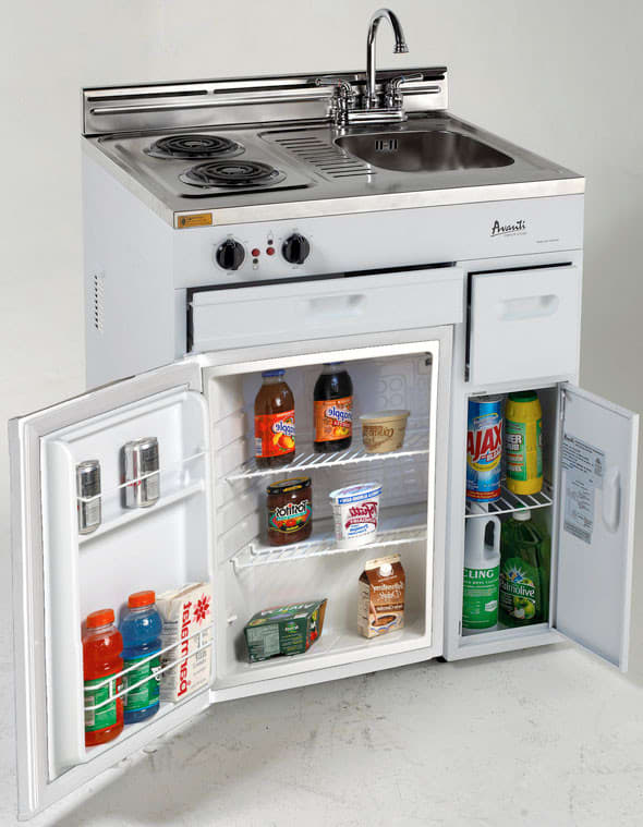 Avanti CK3016 30 Inch Compact Kitchen with 2.2 cu. ft. All Refrigerator Electric Cooktop Stainless Steel Countertop Stainless Steel Sink Chrome Faucet and Integrated Backsplash