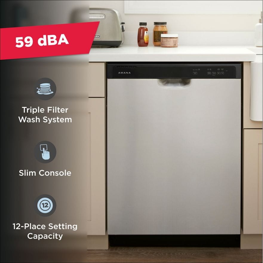 Amana ADB1400AMS 24 Inch Full Console Dishwasher with 12 Place Settings 3 Wash Cycles Nylon Coated Racks Plastic Tub Quick Wash and Triple Filter Wash Stainless Steel