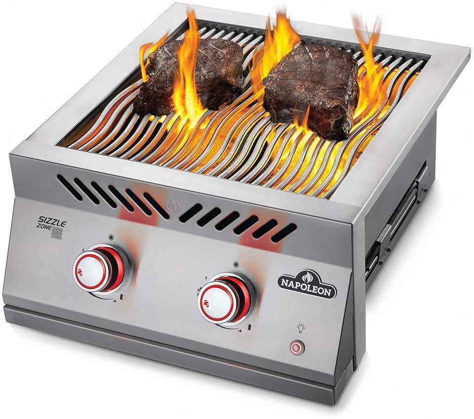Napoleon BIB18IRNSS 22 Inch Built In Dual Side Burner with 30 000 BTUs Infrared Sizzle Zone Burners Iconic Wave Cooking Grids Night Light Knobs