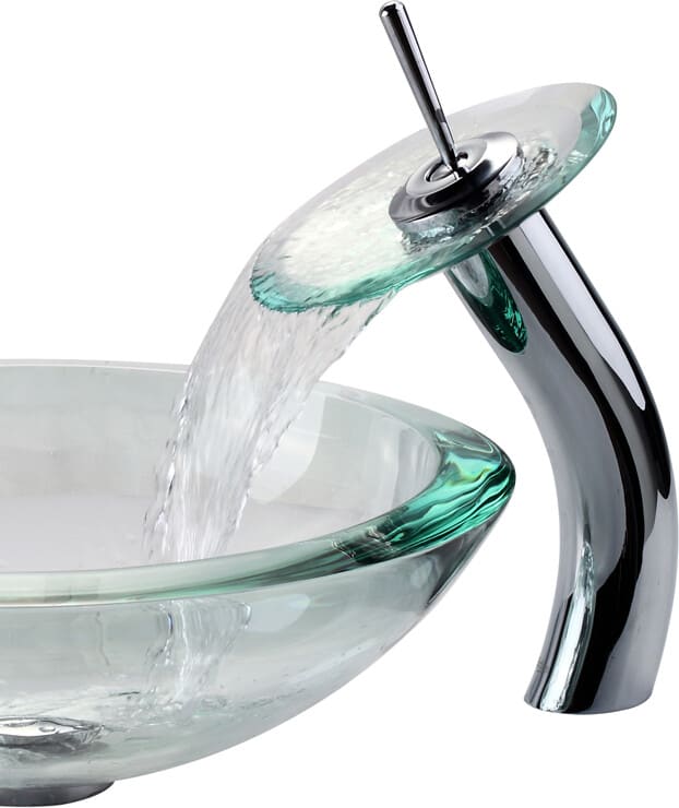 Cheerup Round Tempered Glass Vessel Sink With Waterfall Faucet – Grey Blue, 16"