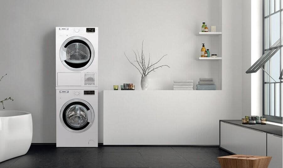 Blomberg BLWADRESX982201 Stacked Washer Dryer Set with Front Load Washer and Electric Dryer in White