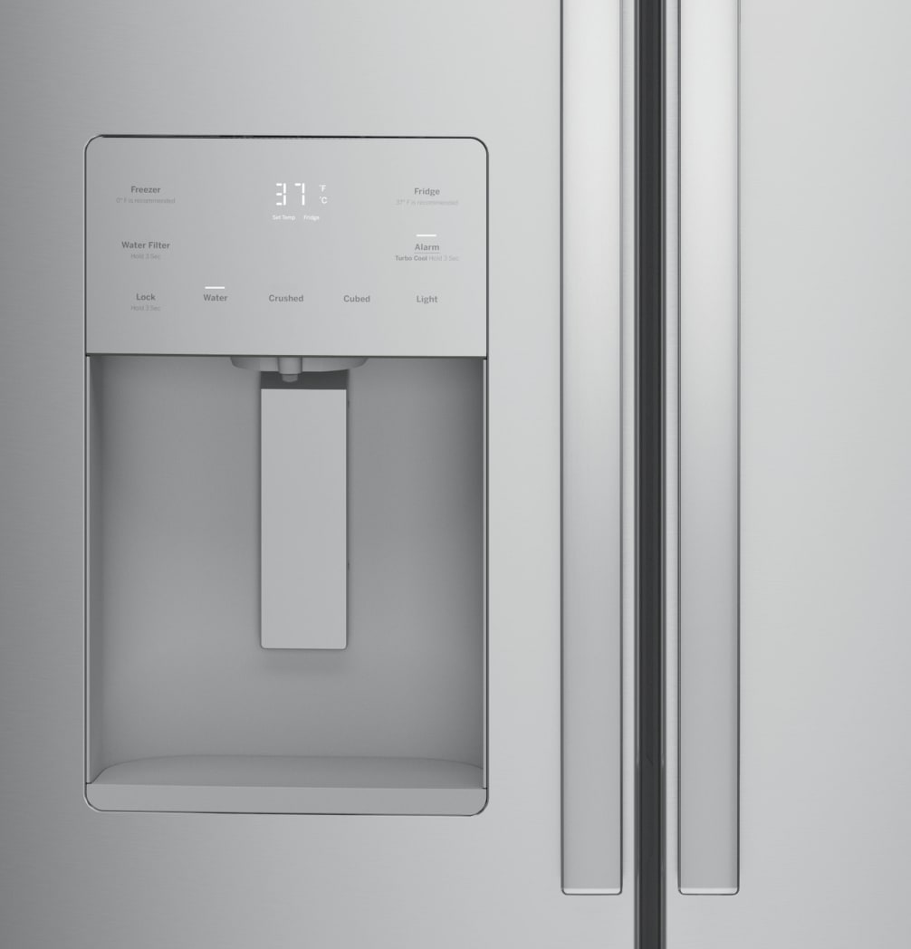 GE GFE24JYKFS 33 Inch French Door Refrigerator with 23.6 Cu. Ft. Capacity Quick Space Shelf Turbo Cool LED Lighting Enhanced Shabbos Mode Capable External Ice Water Dispenser Water Filtration ADA Comp...