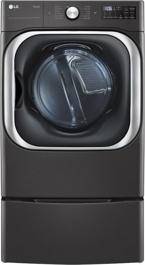 LG LGWADRGB89001 Side by Side on Storage Drawer Pedestal Washer Dryer Set with Front Load Washer and Gas Dryer in Black Steel