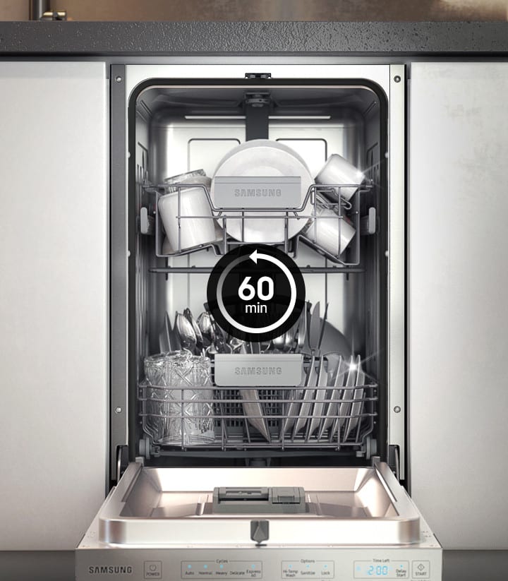 Samsung DW50T6060US 18 Inch Fully Integrated Dishwasher with 8 Place Settings 5 Wash Cycles Silverware Basket 46 dBA Sound Level Express 60 AutoRelease Door ENERGY STAR and ADA Compliant Fingerprint R...