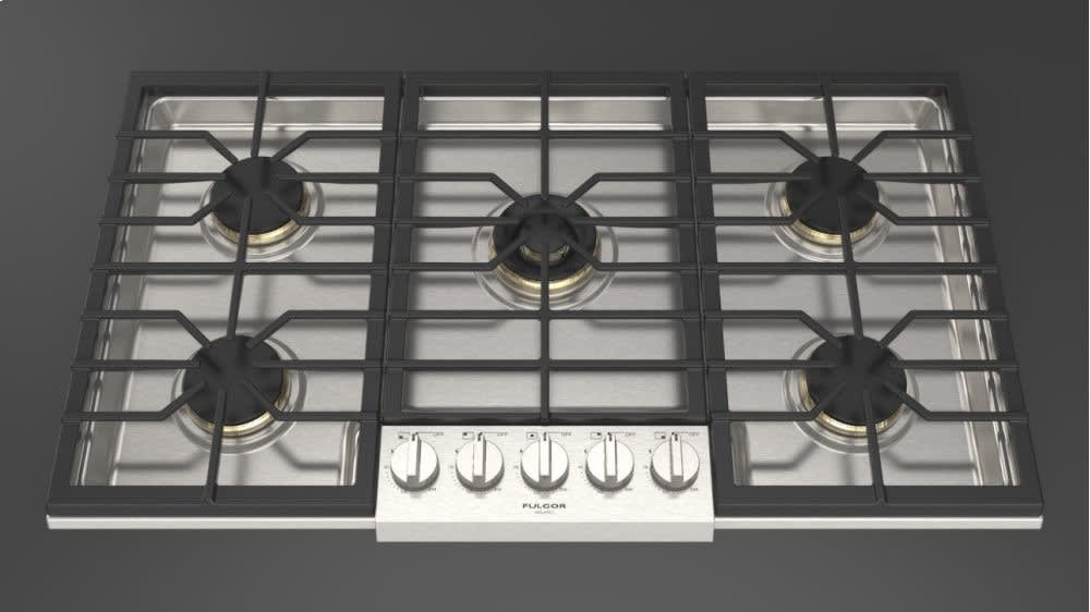 Fulgor Milano F6PGK365S1 36 Inch Pro Style Natural Gas Cooktop with 1 Solid Brass Dual Flame Burner Heavy Duty Grates Backlit Control Knobs Continuous Grates Surface 4 Stack Burner Full Pot Stability ...
