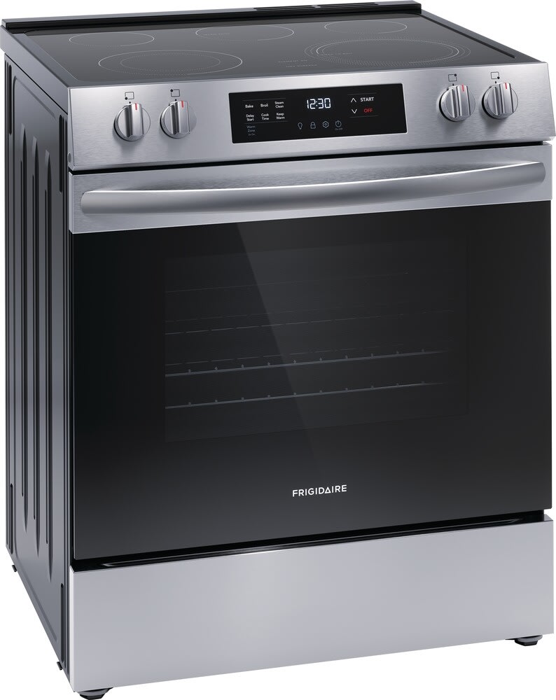 Frigidaire FCFE3062AS 30 Inch Freestanding Electric Range with 5.3 Cu. Ft.  Capacity, 5 Smoothtop Elements, EvenTemp™ Element, SpaceWise® Element, Keep  Warm Zone, Steam Clean, Store-More™ Storage, ADA Compliant and Energy Star  Certified:, image size:794x1000