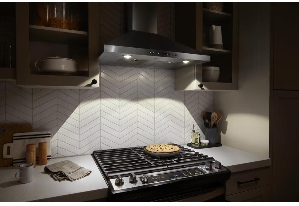 Whirlpool WVW93UC0LS 30 Inch Wall Mount Chimney Hood with 400 CFM Internal Blower Convertible Ventilation Electronic Controls and LED Task