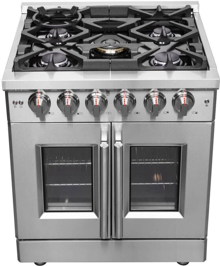 Forno FFSGS643930 Freestanding French Door Gas Range with Air Fry Steam Clean Oven and Illuminated Metal Knobs 30 Width 5 Sealed Burners 4.32