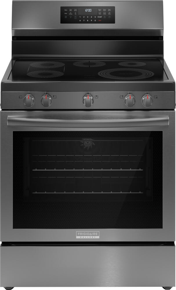 Frigidaire GCRE3060BD 30 Inch Freestanding Electric Range with 5 Elements 5.3 cu. ft. Convection Oven EvenTemp Element Bridge Element Storage Drawer Air Fry Self Clean and Star K Black Stainless Steel