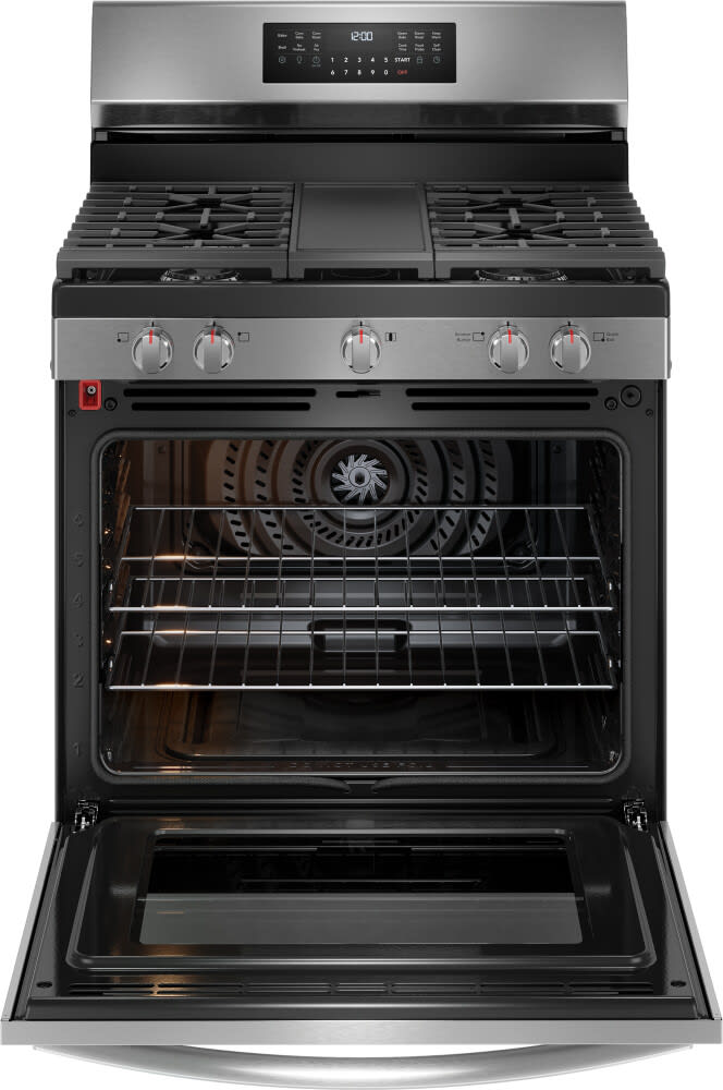 Frigidaire GCRG3060BD 30 Inch Freestanding Gas Range with 5 Sealed Burners 5.1 cu. ft. Convection Oven Quick Boil Burner Griddle Storage Drawer No Preheat Air Fry and Self Clean Black Stainless Steel