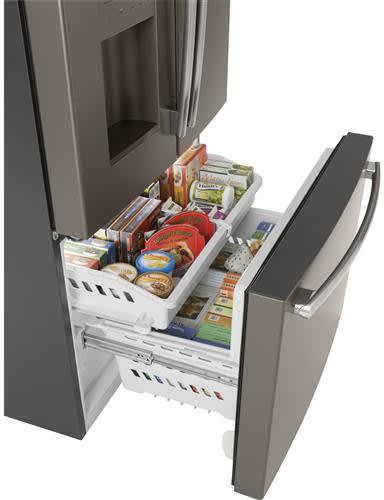 GE GFE26JMMES 36 Inch French Door Refrigerator with 25.6 Cu. Ft. Capacity Spill Proof Glass Shelves Deli Drawer Humidity Controlled Crispers Door