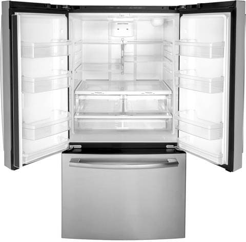 GE GNE27JGMBB 36 Inch French Door Refrigerator with 27 cu. ft. Capacity Quick Space Shelf Deli Drawer LED Lighting Ice Maker Enhanced Shabbos Mode Capable Internal Water Dispenser and ENERGY STAR Qual...