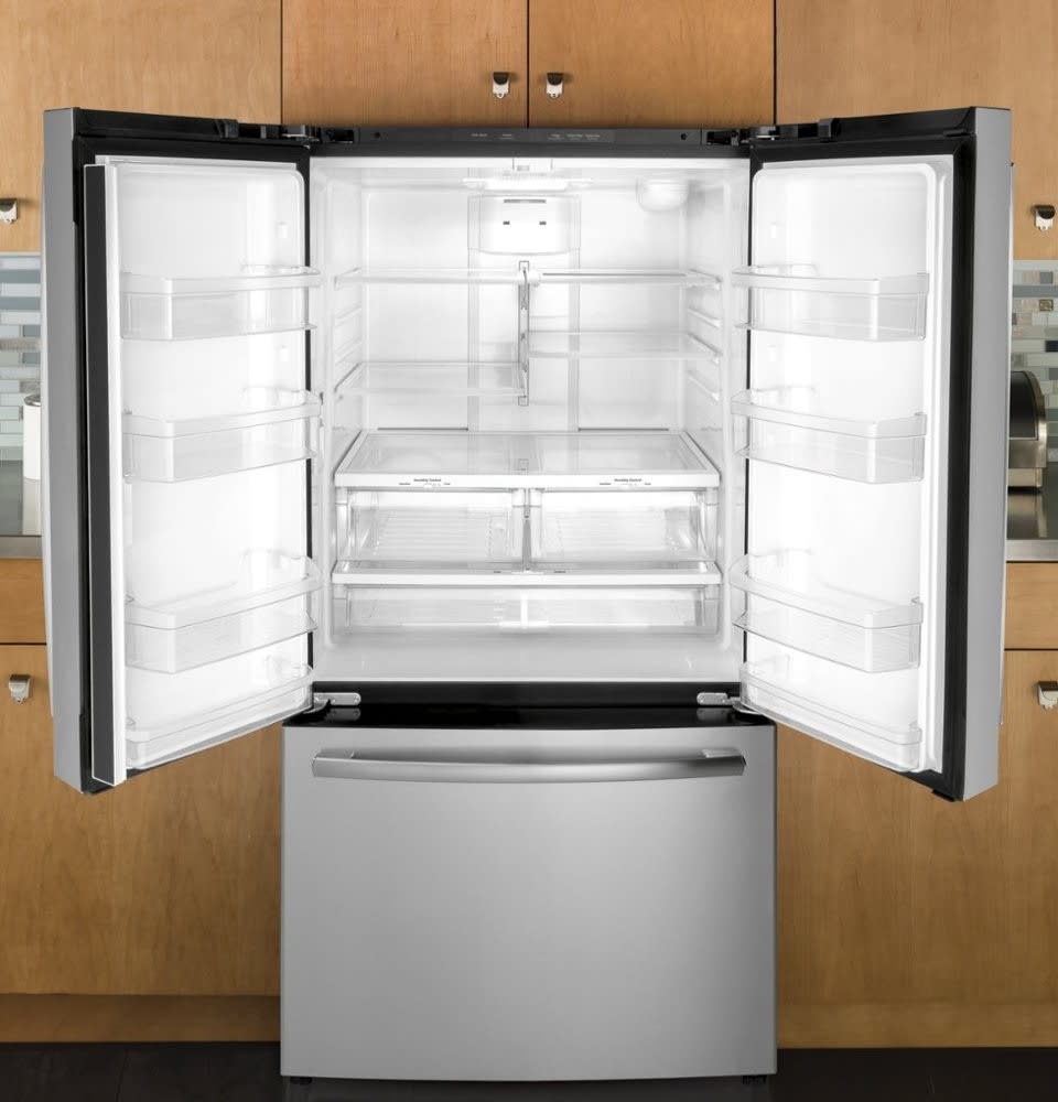 GE GNE27JYMFS 36 Inch French Door Refrigerator with 27 cu. ft. Capacity Quick Space Shelf Deli Drawer LED Lighting Ice Maker Enhanced Shabbos