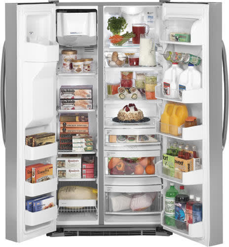 GE GSHS9NGYSS 29.1 cu. ft. Side-by-Side Refrigerator with 4 Glass Shelves,  Gallon Door Storage, In-the-Door Beverage Rack and Integrated Dispenser:  Stainless Steel