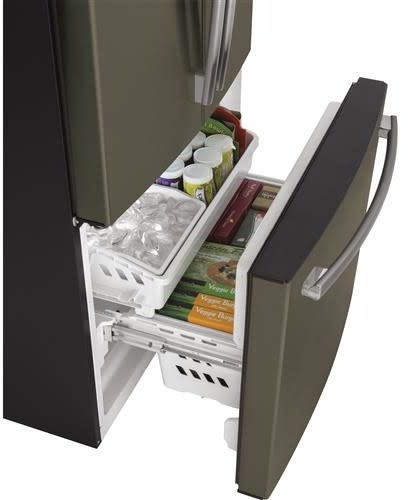 GE GWE19JMLES 33 Inch Counter Depth French Door Refrigerator with 18.6 cu. ft. Capacity Spill Proof Shelves Humidity Controlled Drawers Quick Space