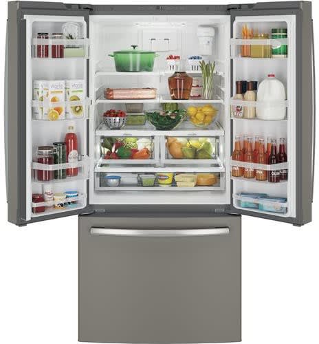 GE GWE19JMLES 33 Inch Counter Depth French Door Refrigerator with 18.6 cu. ft. Capacity Spill Proof Shelves Humidity Controlled Drawers Quick Space
