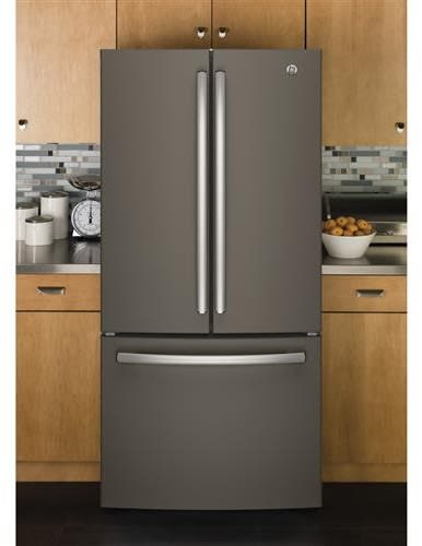 GE GWE19JMLES 33 Inch Counter Depth French Door Refrigerator with 18.6 cu. ft. Capacity Spill Proof Shelves Humidity Controlled Drawers Quick Space