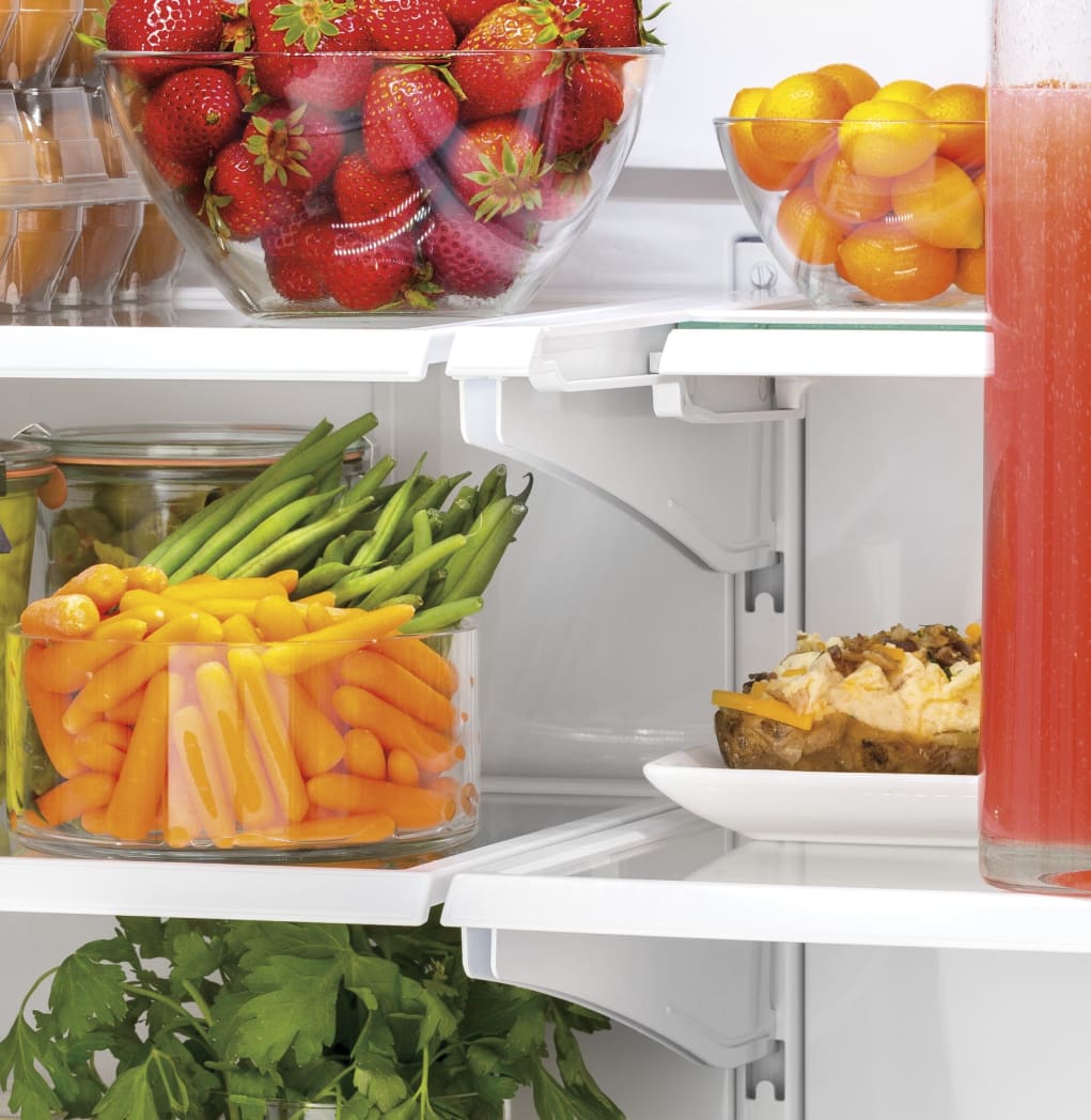 GE GWE19JYLFS 33 Inch Counter Depth French Door Refrigerator with 18.6 cu. ft. Capacity Spill Proof Shelves Humidity Controlled Drawers Quick Space Shelf Shabbos Mode Icemaker Internal Water Dispenser...