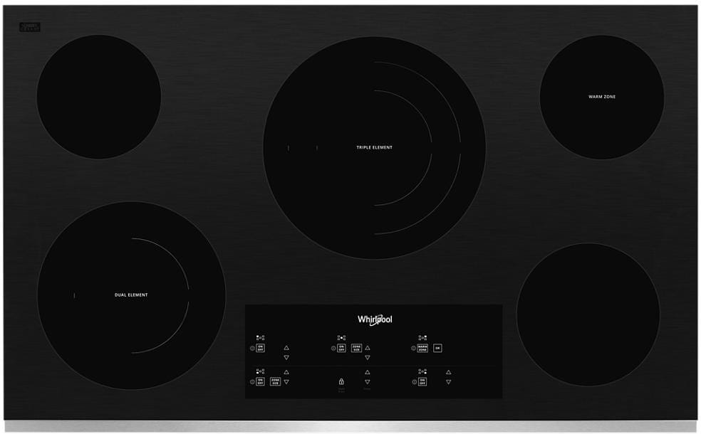 Whirlpool WCE97US6KS 36 Inch Smoothtop Electric Cooktop with 5 Radiant Elements FlexHeat Dual Triple Element Warm Zone Element Control Lock Touch Controls and ADA Compliant Stainless Steel