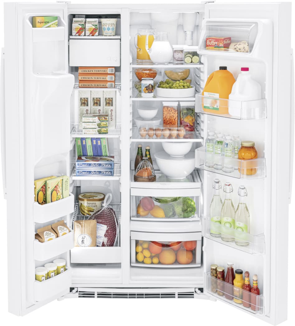 GE GSE25GGPWW 36 Inch Freestanding Side by Side Refrigerator with 25.3 Cu.  Ft. Total Capacity, LED Lighting, Interior Storage Drawers, Icemaker, 