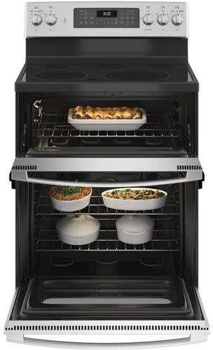 GE JBS86SPSS 30 Inch Electric Double Oven Range with 5 Radiant Elements 6.6 Cu. Ft. Total Capacity Ceramic Glass Smoothtop Steam Clean Power Boil Element Warming Zone Convection Oven 8 Pass Bake Eleme...