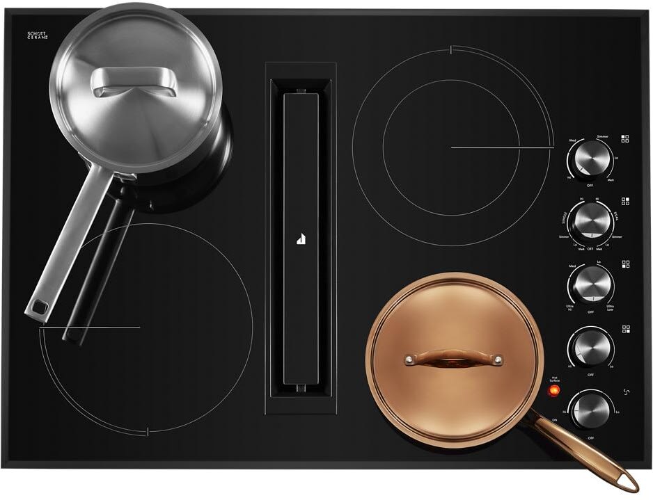 JennAir JED3430GB 30 Inch Electric Cooktop with 4 Element Burners Ceramic Glass Surface Dual Choice Element JX3 Downdraft Ventilation System DuraFinish Glass Protection Die Cast Metal Knobs Prop 65 UL...