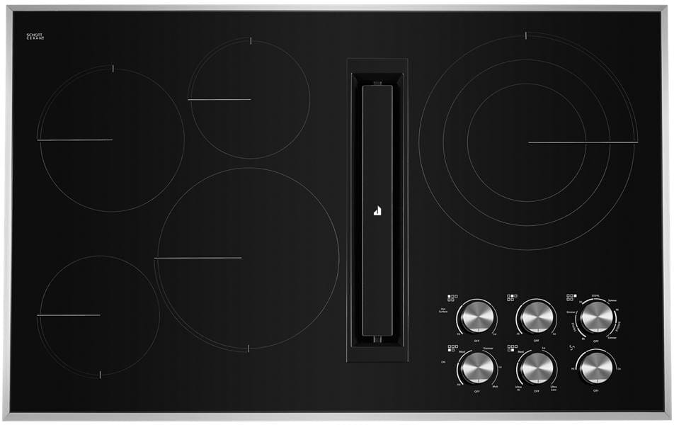JennAir JED3536GS 36 Inch Electric Cooktop with 5 Element Burners Ceramic Glass Surface Triple Choice Element JX3 Downdraft Ventilation System DuraFinish Glass Protection Die Cast Metal Knobs Prop 65 ...