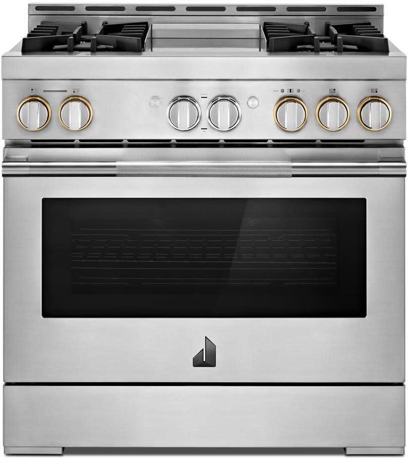 JennAir JGRP536HL 36 Inch Smart FreestandingGas Range with WiFi Dual Stacked Sealed PowerBurners Chrome Infused Griddle Cast Iron Grates Cinematic