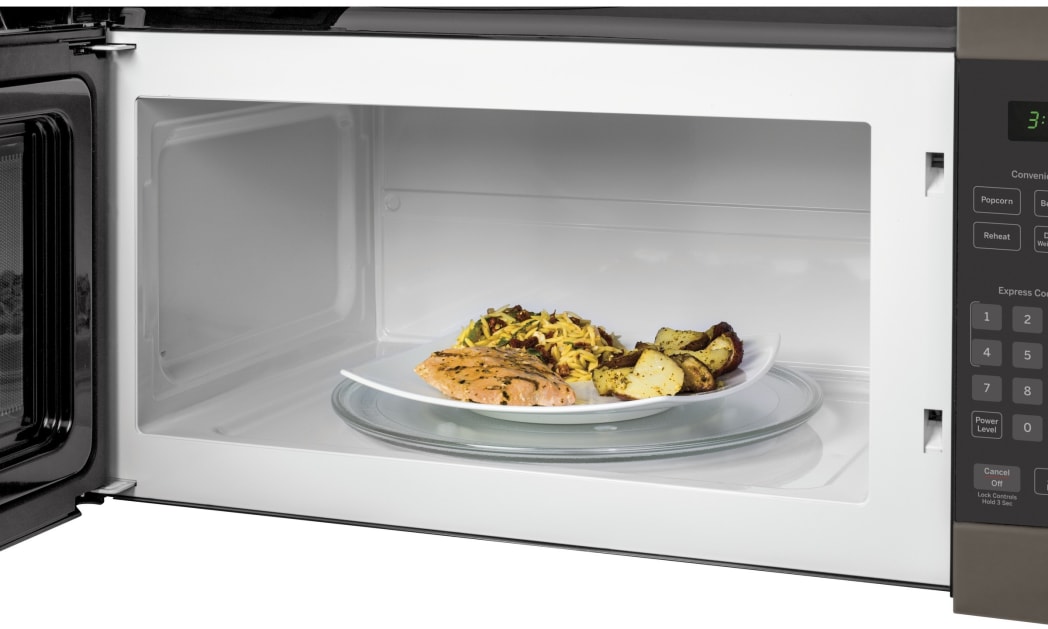 GE JVM3160EFES 30 Inch Over the Range Microwave Oven with 1.6 cu. ft. Capacity 300 CFM Exhaust Fan 1 000 Cooking Watts Auto and Time Defrost and Convenience Cooking Controls Slate