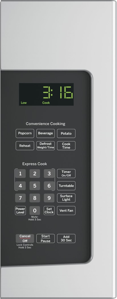 GE JVM3162RJSS 30 Inch Over The Range 1 000 Watt Microwave with 10 Power Levels 2 Speed 300 CFM Venting System Auto and Time Defrost Turntable On Off Function and Add 30 Seconds Button Stainless Steel