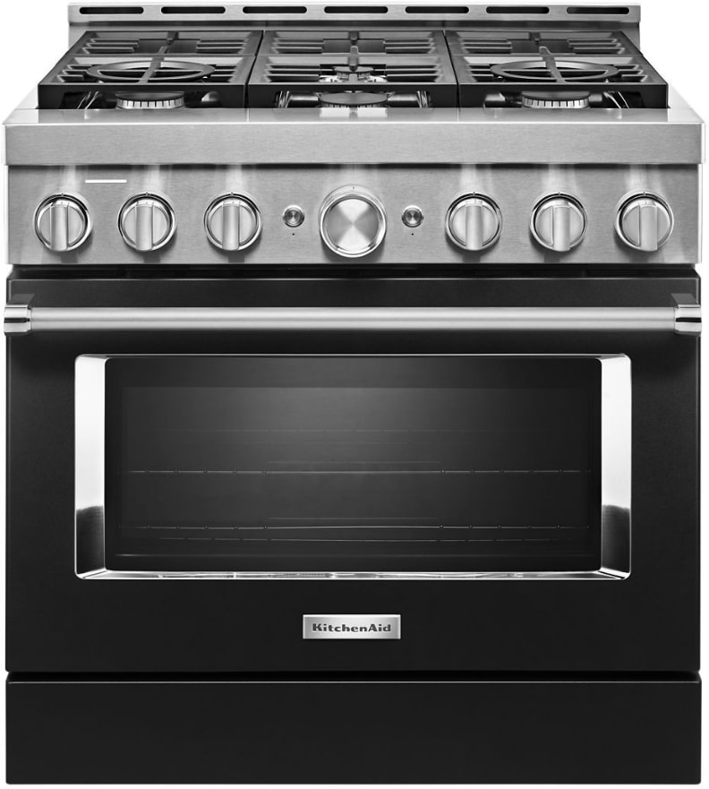KitchenAid KFGC506JBK 36 Inch Smart Commercial Style Gas Range with 6 Sealed Burners 5.1 Cu. Ft. Total Capacity Three Level Continuous Convertible