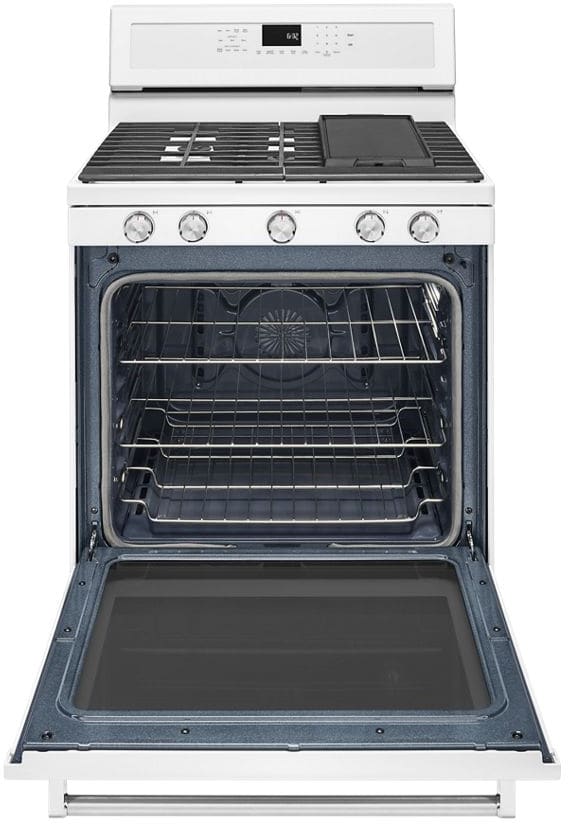 KitchenAid KFGG500EWH 30 Inch Freestanding Gas Range with 5 Sealed Burners 5.8 cu. ft. True Convection Oven 18 000 BTU Power Burner Removable Griddle Storage Drawer and AquaLift Self Clean White
