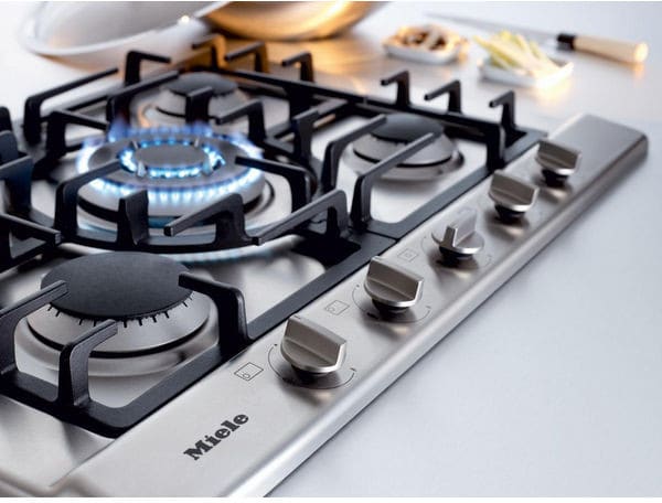 Miele KM2032G 30 Inch Gas Cooktop With 5 Sealed Burners Enameled Cast Iron Grates PerfectClean Burner Mono Wok Burner GasStop Function Electronic Ignition and Front Knob Controls